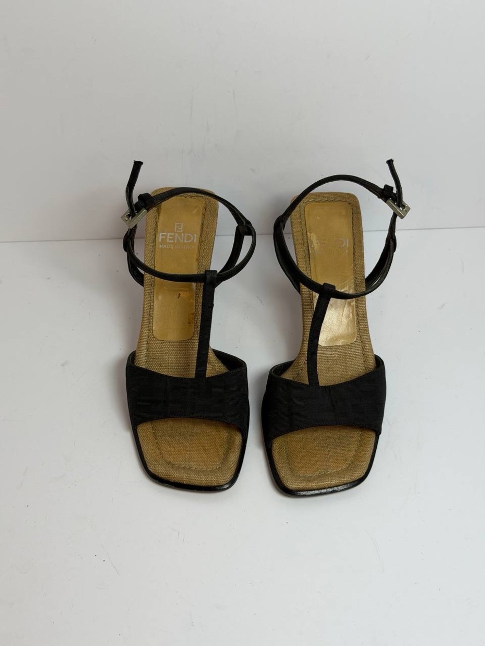 Fendi T-Strap Black Fabric Upper Canvas Insole Size 36